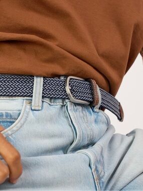 Billybelt La Bogota Woven Stretch Belt Navy White Leather Size 0 NWT Braided